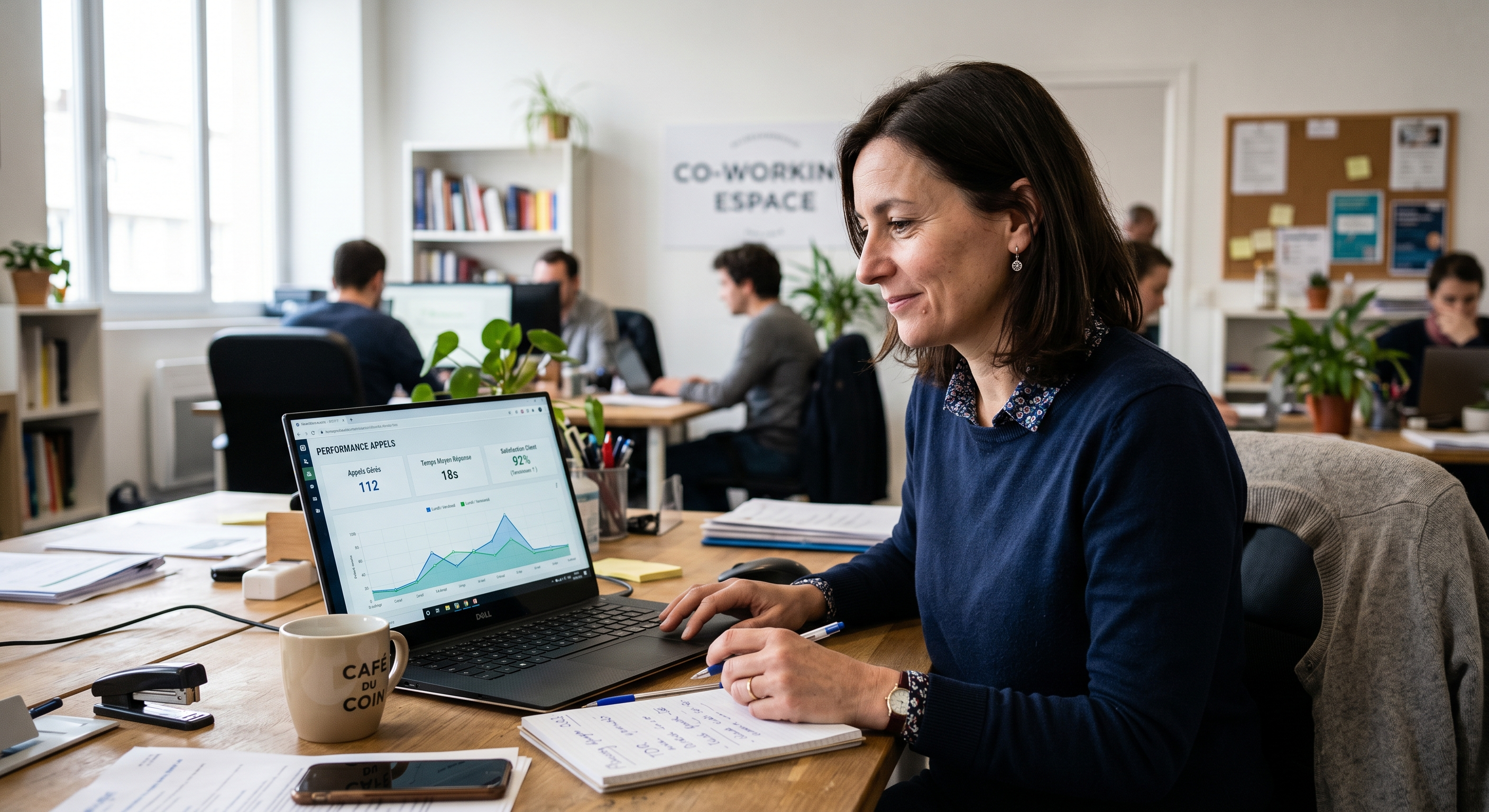 Dirigeant de PME française consultant le tableau de bord analytique de son accueil téléphonique automatique IA