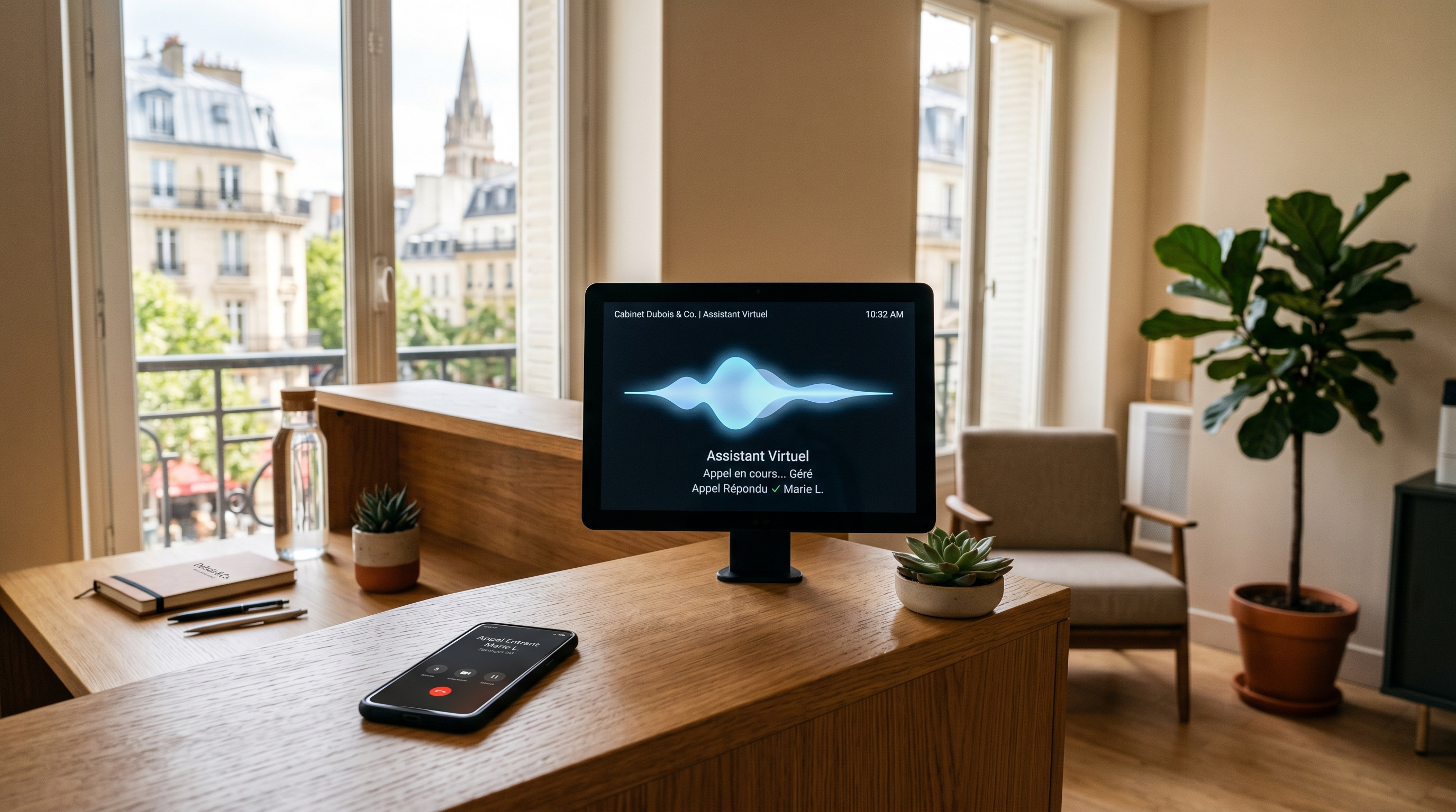 Accueil téléphonique automatique IA dans un bureau PME français — interface agent vocal sur écran de réception