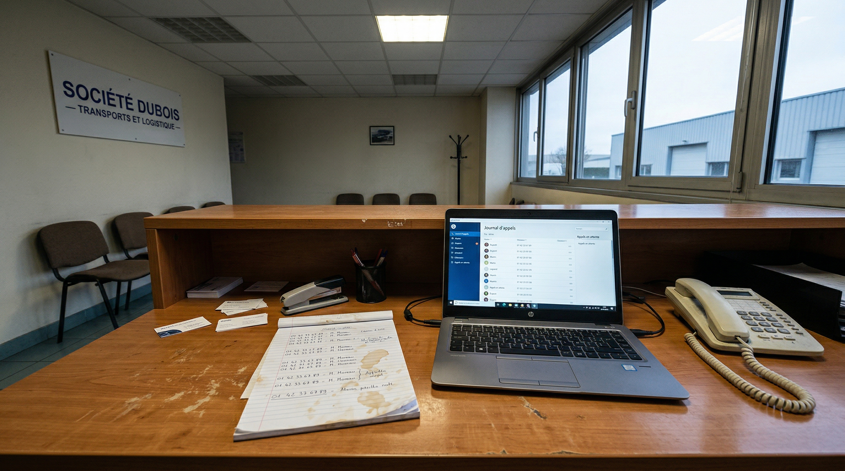 Standard téléphonique IA dans un bureau de PME française — interface agent vocal en cours d'appel