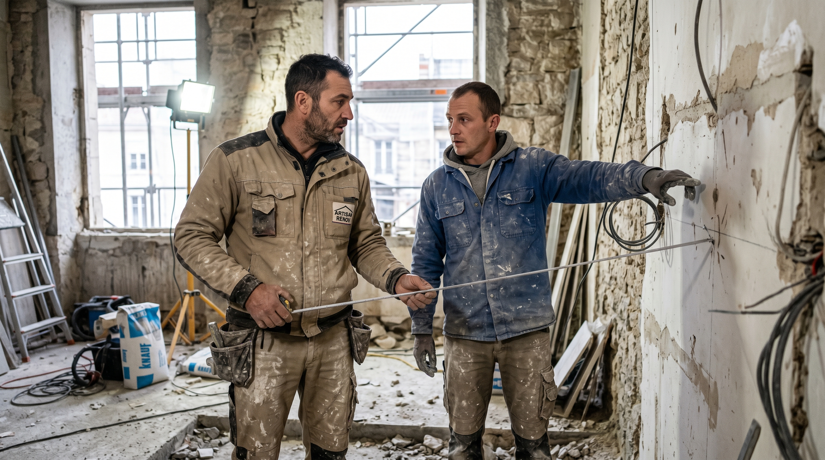 Ouvriers du bâtiment sur un chantier de rénovation intérieure en France — l'IA automatise l'administratif, les équipes restent sur le terrain