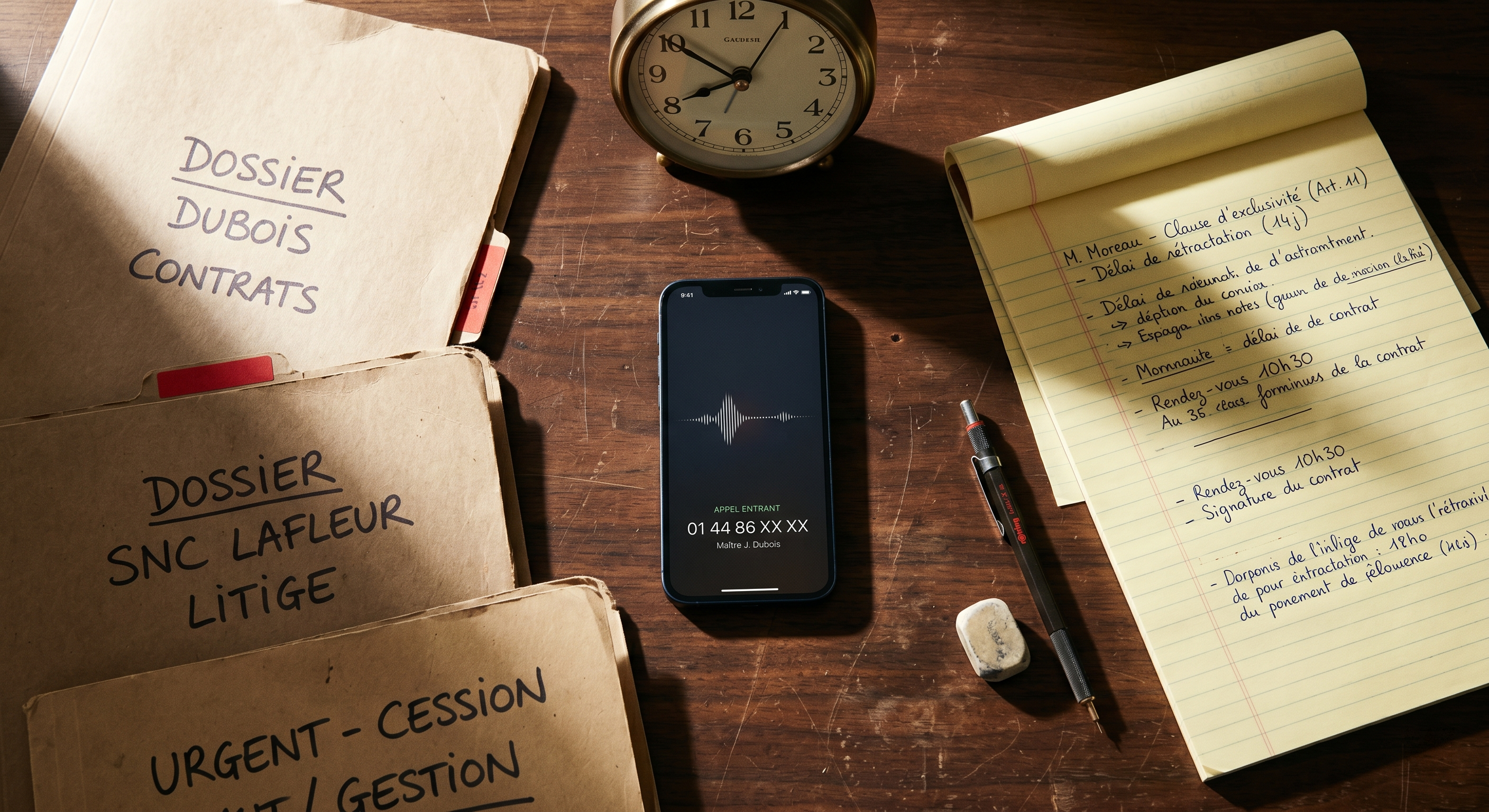 Bureau d'un cabinet d'avocats français avec dossiers juridiques et téléphone — agent IA pour automatisation