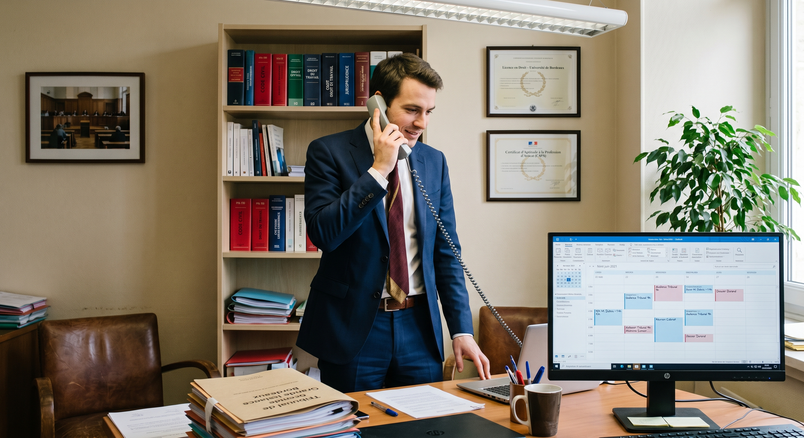 Avocat français dans son cabinet consultant son agenda en cours d'appel — automatisation prise de rendez-vous