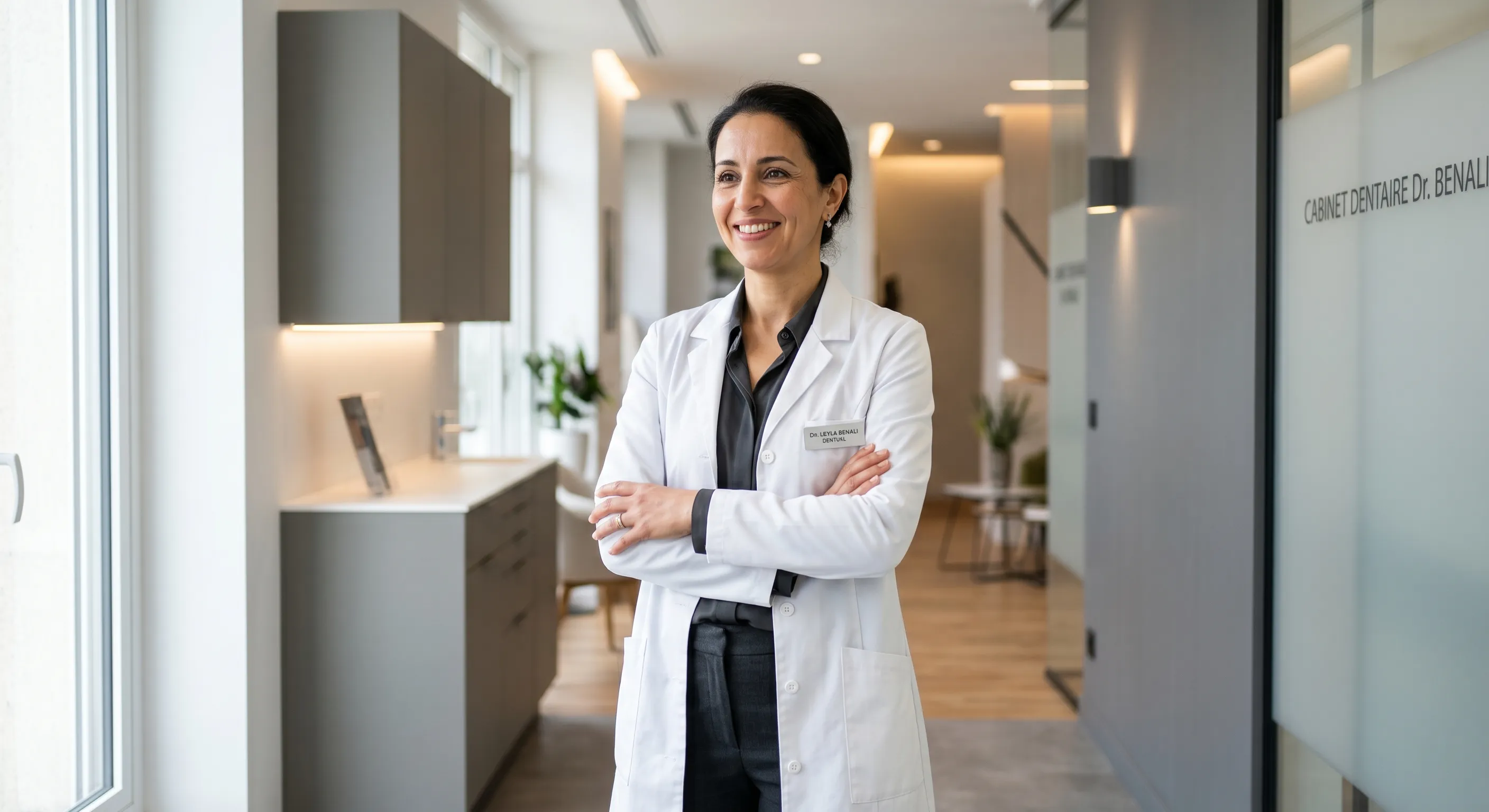 Chirurgienne-dentiste souriante dans son cabinet moderne, confiante grâce à l'automatisation de son agenda