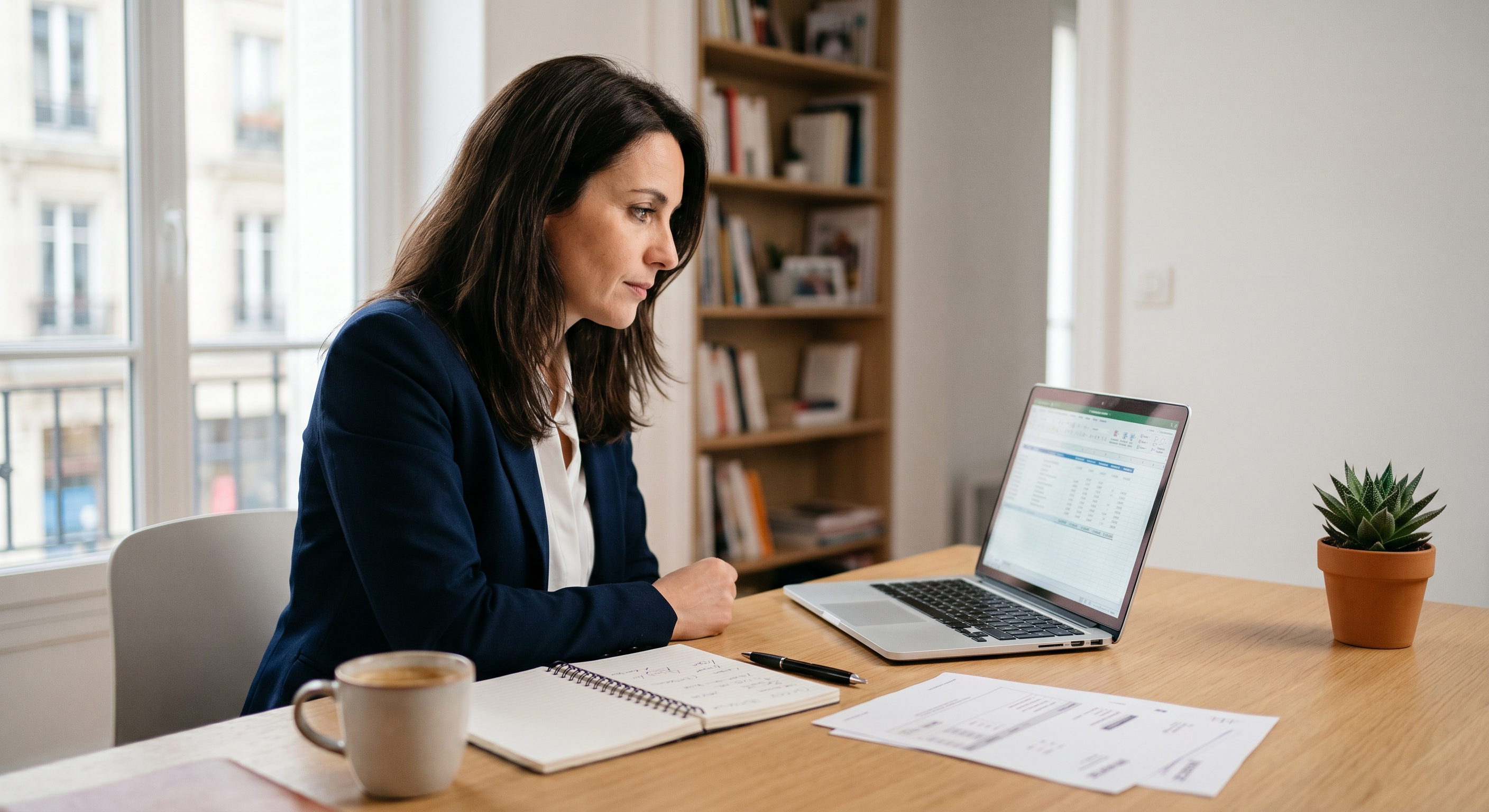 Dirigeante de PME française consultant un tableau de bord de comptabilité automatisée par IA dans son bureau parisien