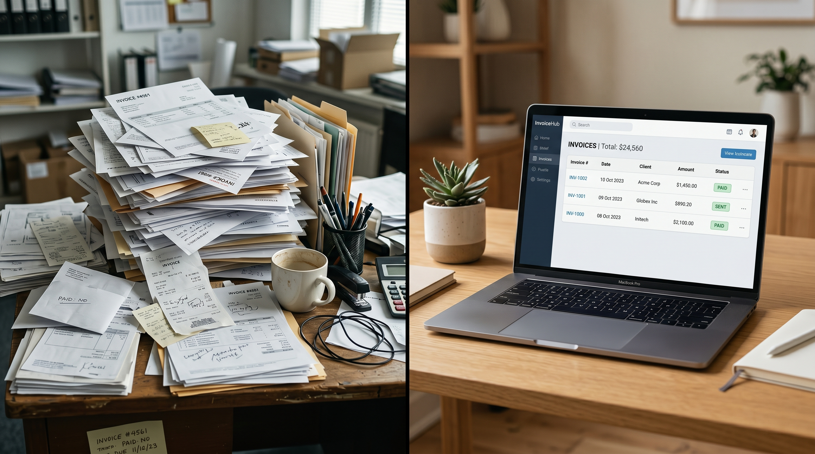Contraste entre une pile de factures papier désorganisées et une interface de comptabilité numérique claire avec factures traitées automatiquement