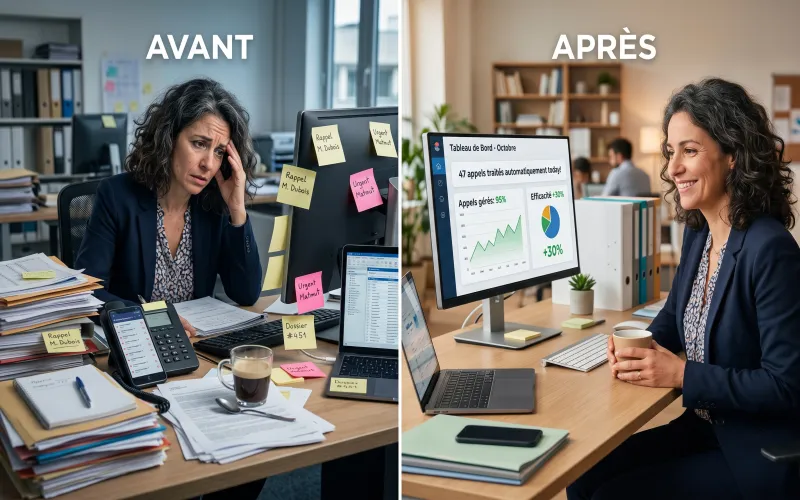 Comparaison avant/après agent IA — courtier en assurance débordé versus sérein avec tableau de bord IA — France 2026
