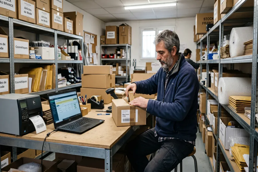 Responsable e-commerce PME préparant des commandes dans son entrepôt avec un logiciel de gestion sur ordinateur portable