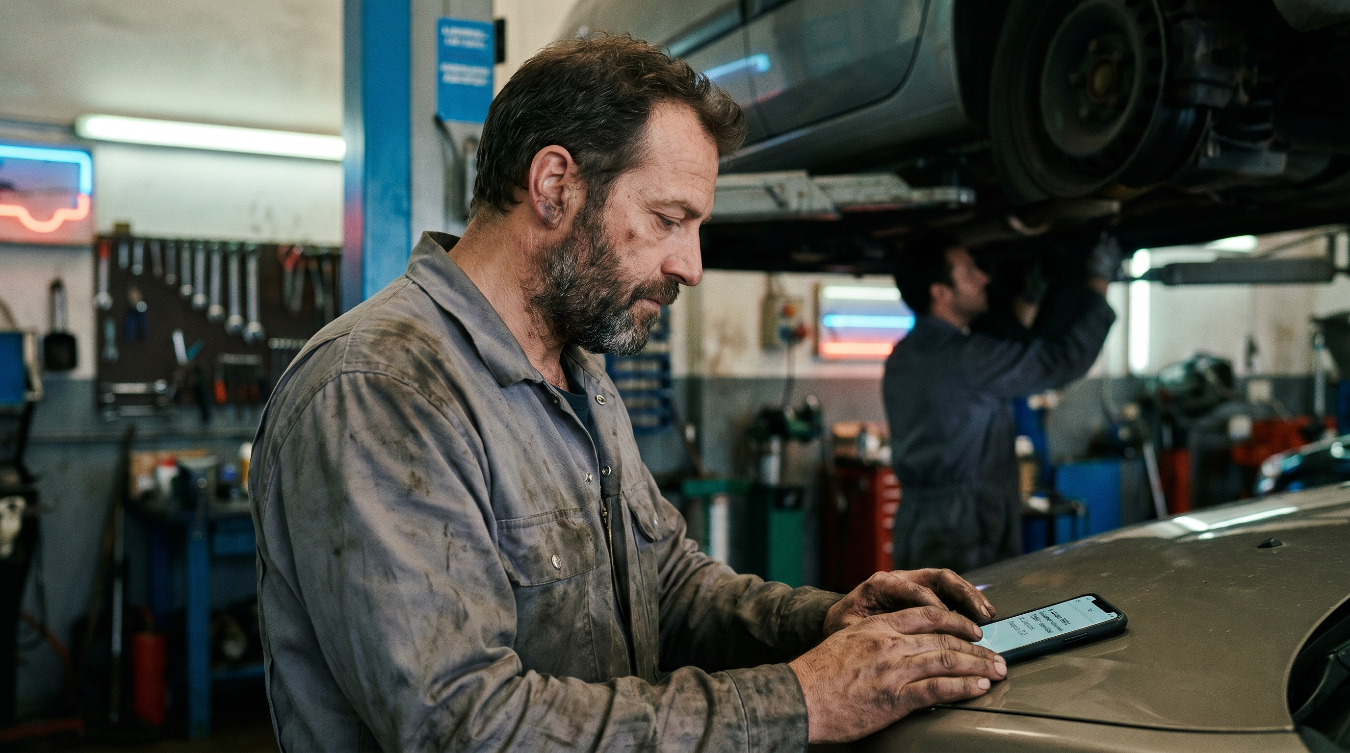 Mécanicien en atelier consultant son smartphone pour voir un nouveau RDV confirmé automatiquement par un agent IA — garage France 2026