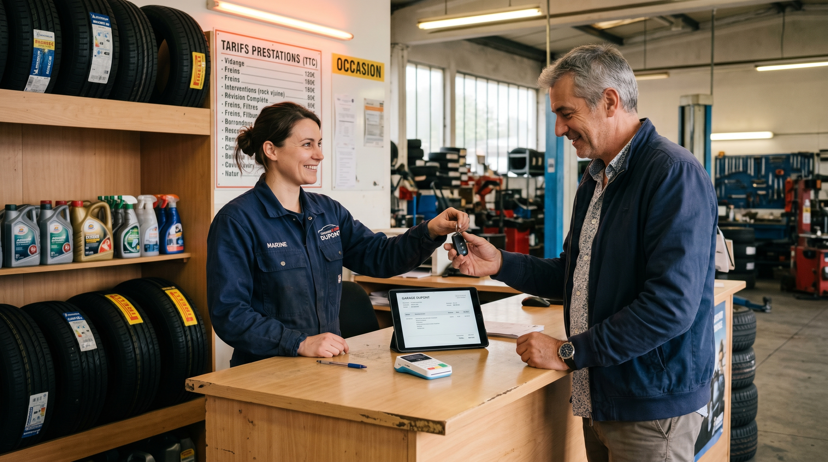 Mécanicienne remettant les clés d'un véhicule à un client au comptoir d'un garage indépendant français — interface de facturation IA visible sur la tablette — France 2026