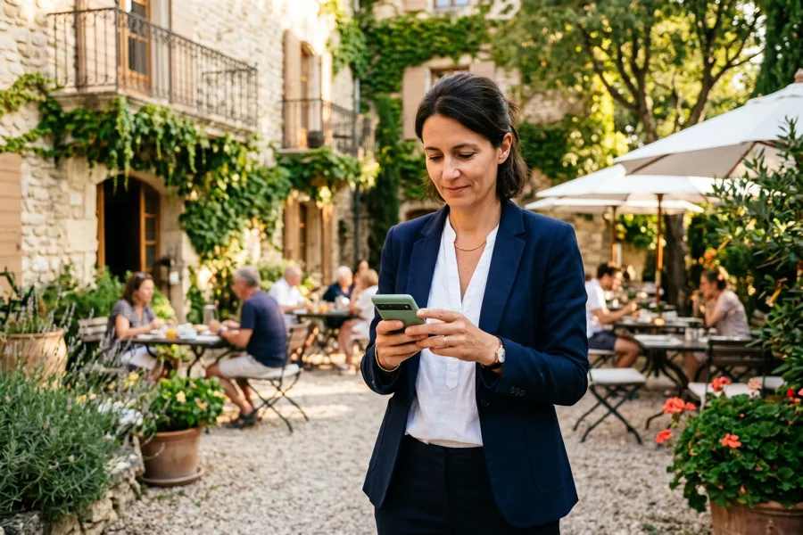 Directrice d'hôtel consultant son dashboard de réservations sur smartphone depuis la terrasse ensoleillée de son établissement