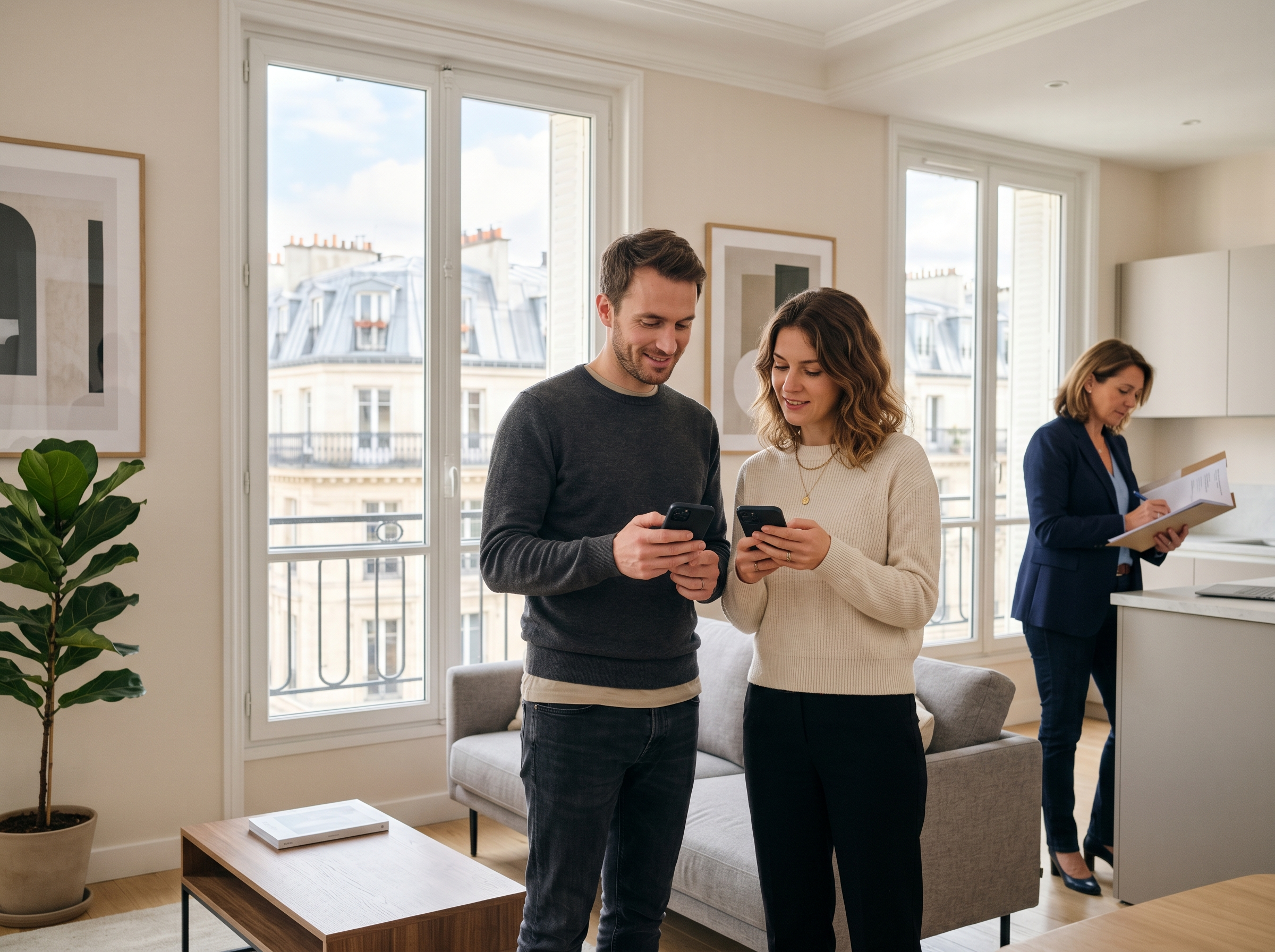 Couple de futurs acquéreurs visitant un appartement moderne à Paris avec leur agent immobilier, consultant leur smartphone pour confirmer des informations envoyées automatiquement