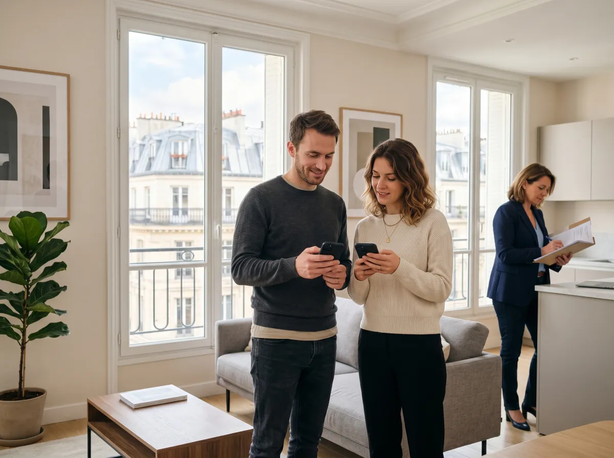 Couple de futurs acquéreurs visitant un appartement moderne à Paris avec leur agent immobilier, consultant leur smartphone pour confirmer des informations envoyées automatiquement