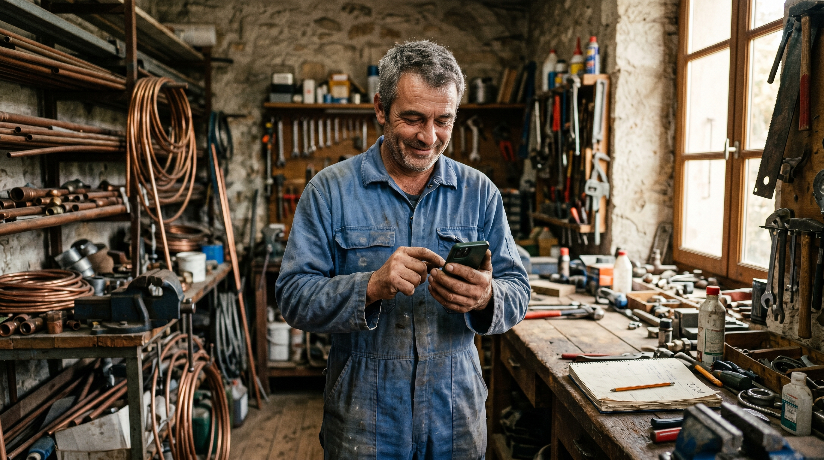 Artisan consultant son téléphone avec un sourire — agent IA qui gère sa prise de rendez-vous automatiquement