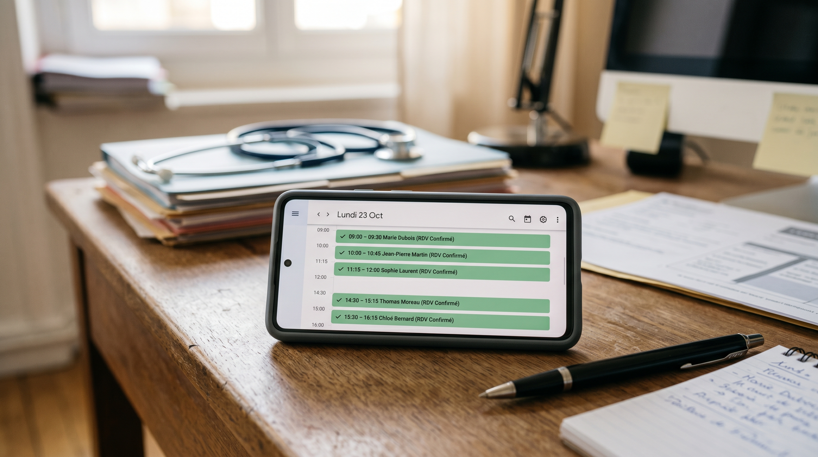 Smartphone affichant un agenda avec des créneaux confirmés — interface de prise de rendez-vous automatique par agent IA