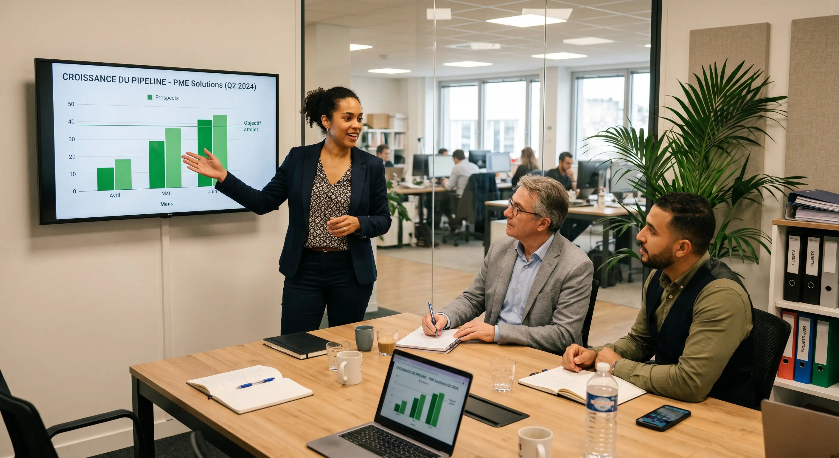 Équipe commerciale d'une PME française en réunion autour d'un tableau de bord de pipeline avec résultats de prospection automatisée