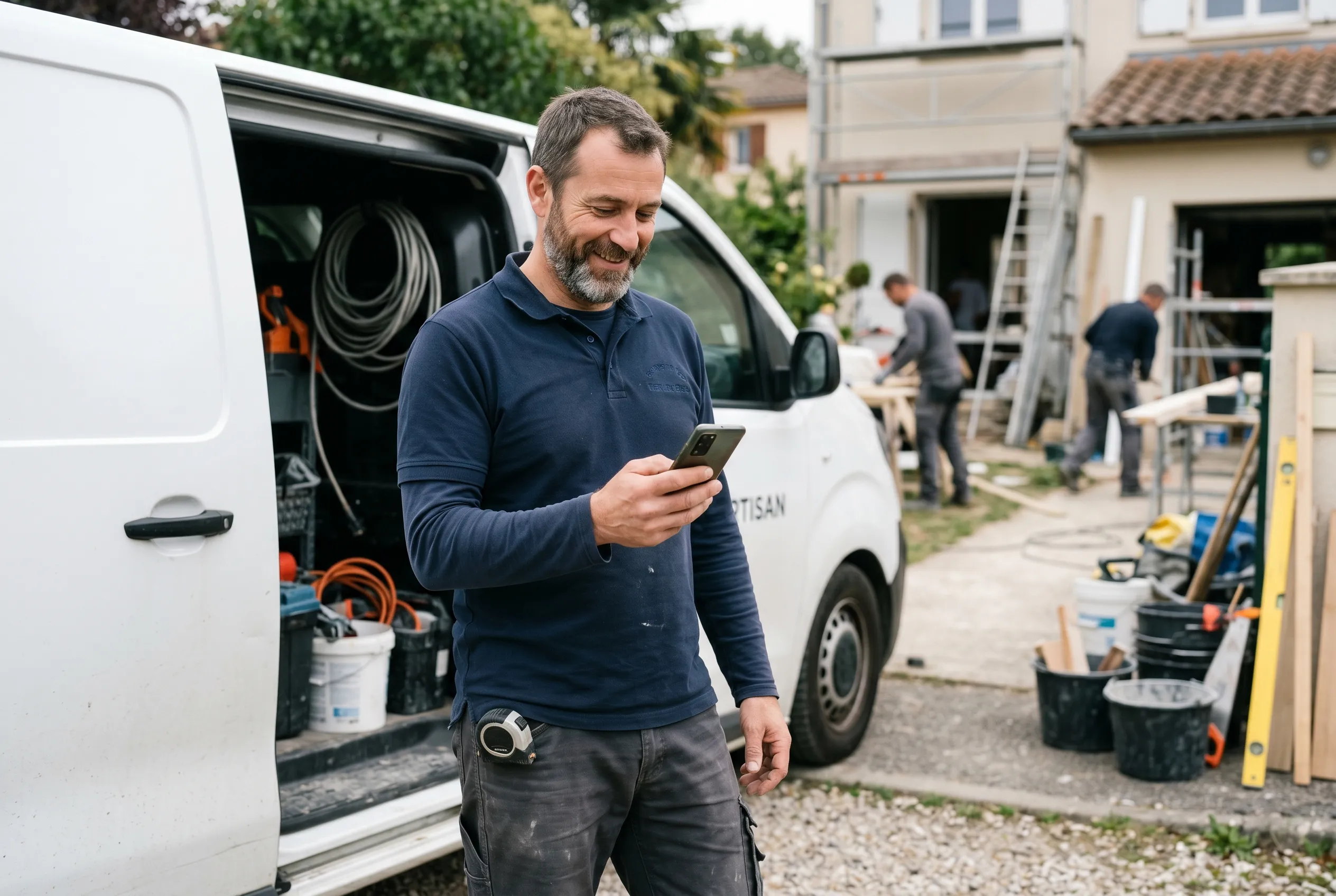 Artisan français regardant son smartphone avec soulagement après réception d'un paiement automatisé