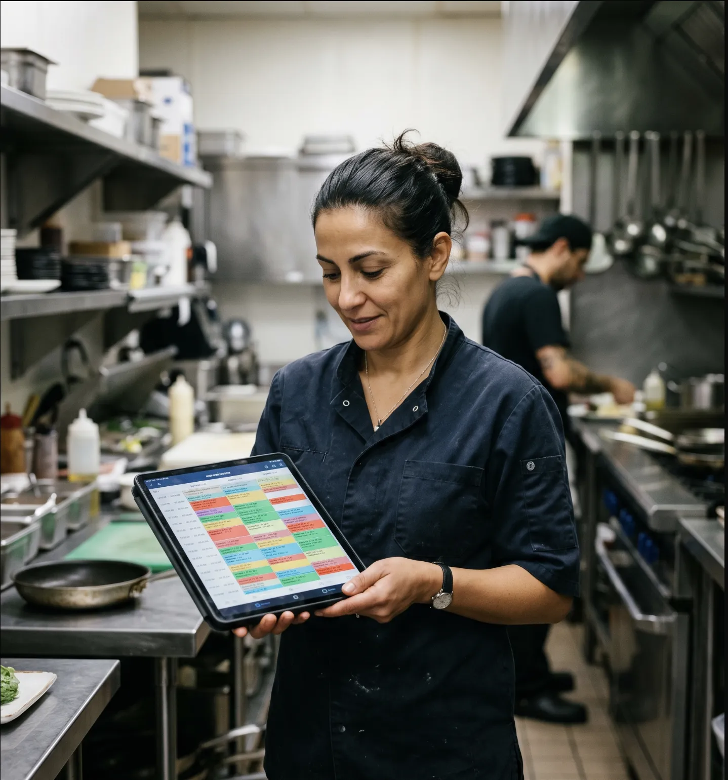 Restauratrice consultant les réservations de la journée sur tablette avant le service