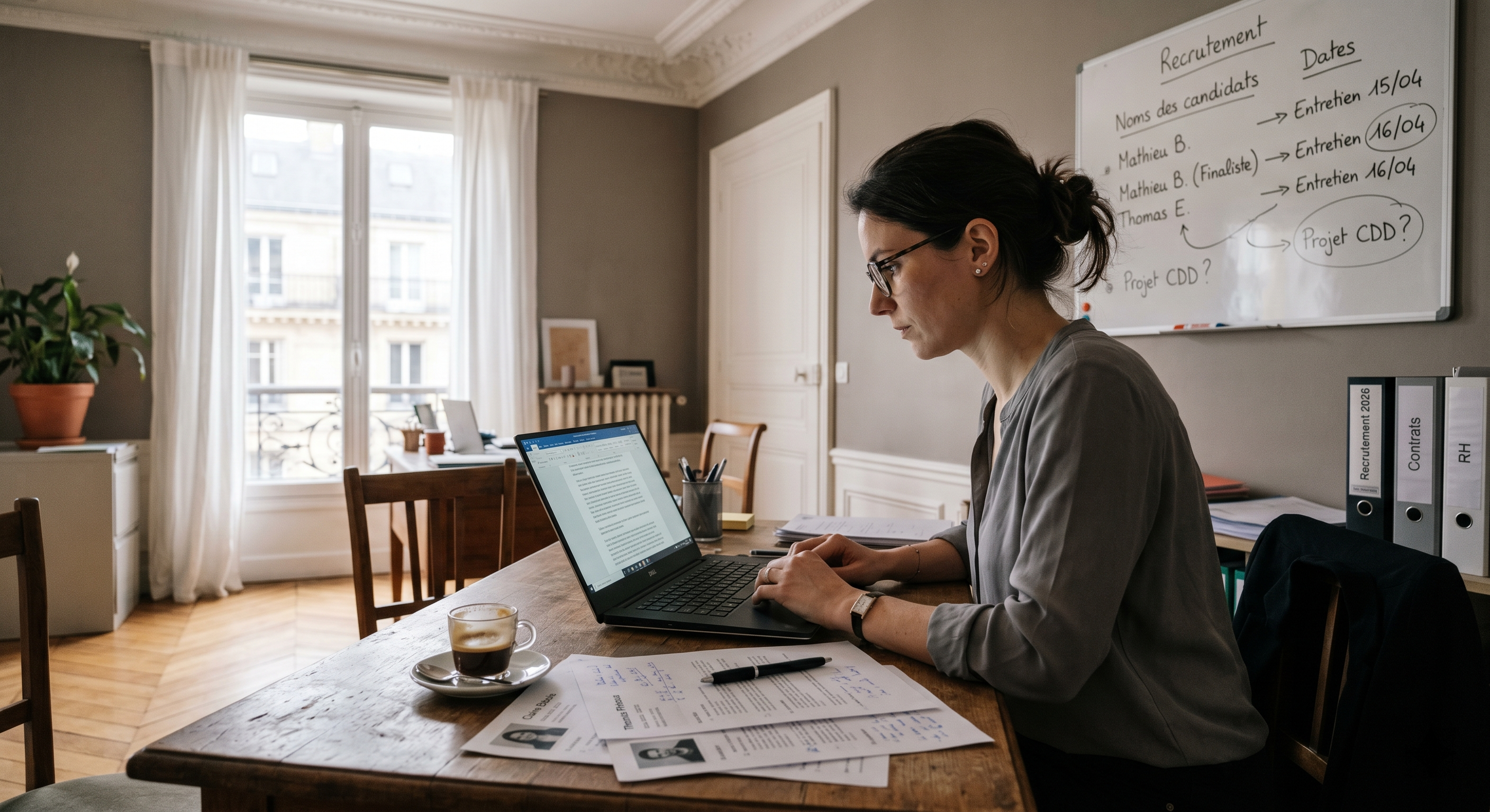 Responsable RH utilisant un agent IA pour trier les candidatures dans une entreprise française