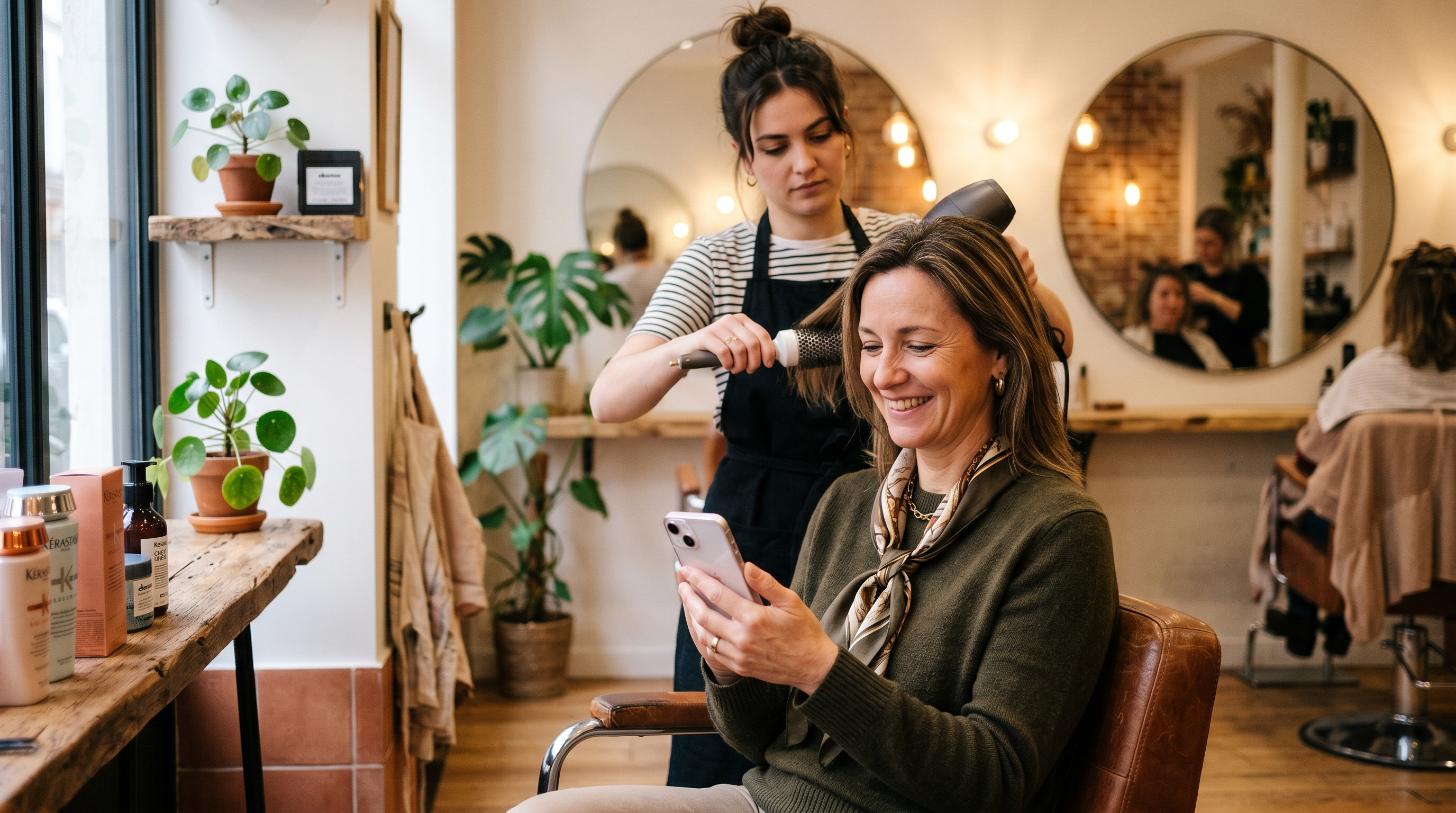 Cliente dans un fauteuil de salon de coiffure recevant un SMS de confirmation de rendez-vous sur son téléphone — France 2026