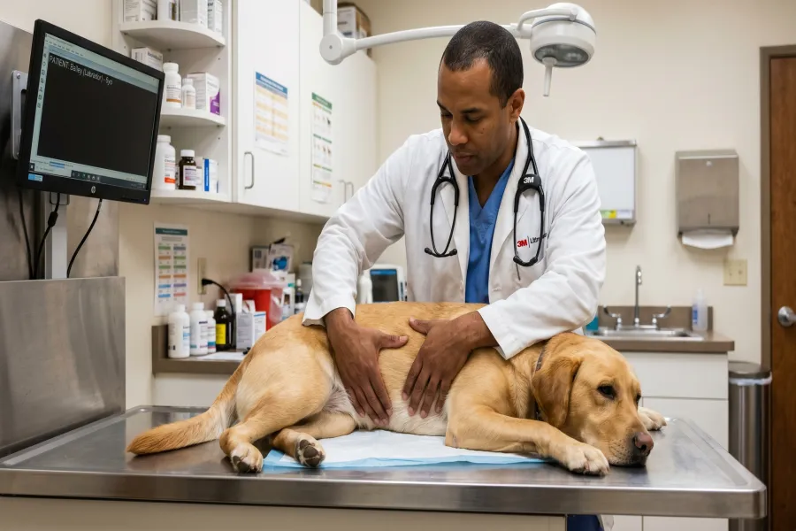 Vétérinaire examinant un labrador retriever sur une table d'examen dans une clinique vétérinaire moderne