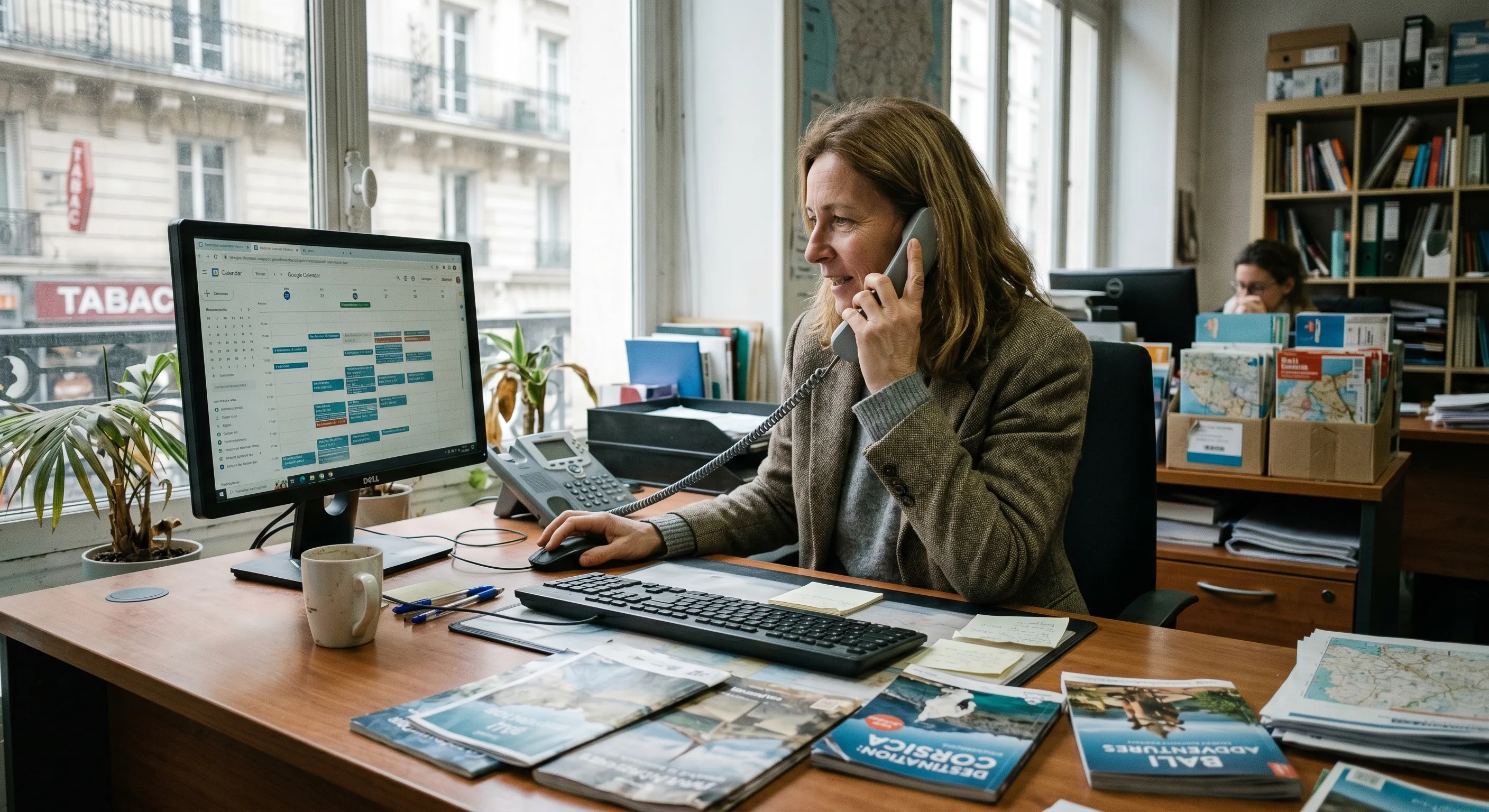 Agence de voyages française en période de pic saisonnier — conseillers débordés, téléphones qui sonnent