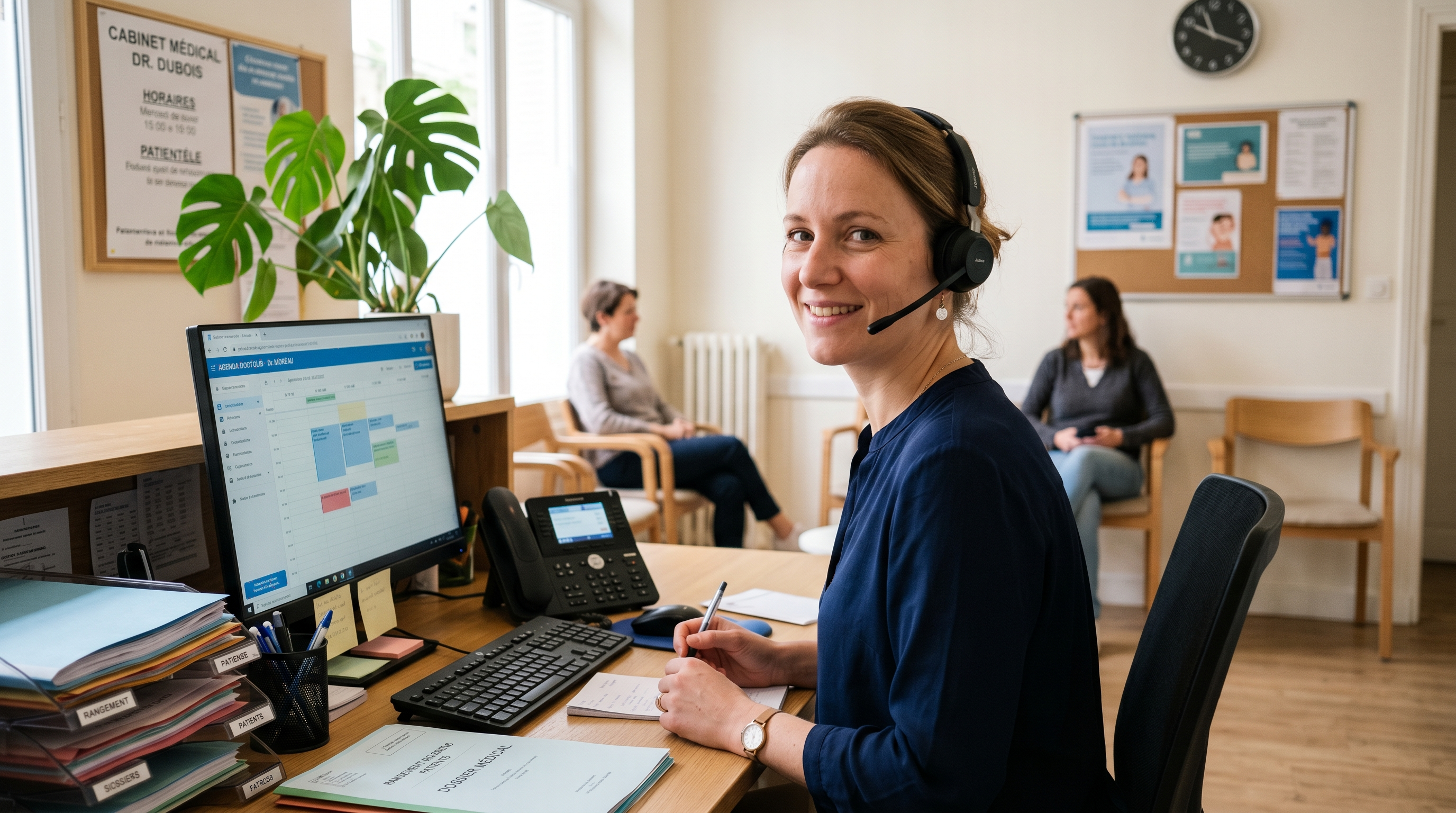 Secrétaire médicale dans un cabinet de médecine générale en France avec casque téléphonique et agenda de rendez-vous