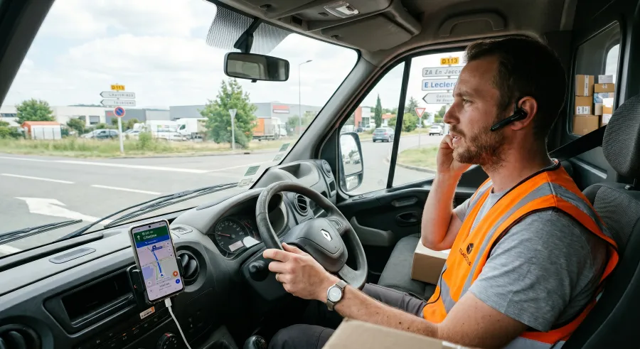 Chauffeur-livreur en cabine avec kit mains-libres recevant des informations de l'agent vocal IA — transport PME France