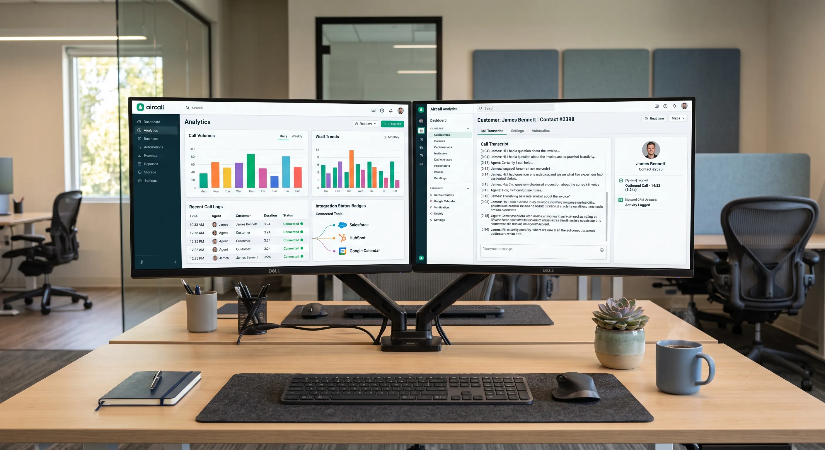 Tableau de bord de suivi des appels et des intégrations CRM d'un agent vocal IA pour PME