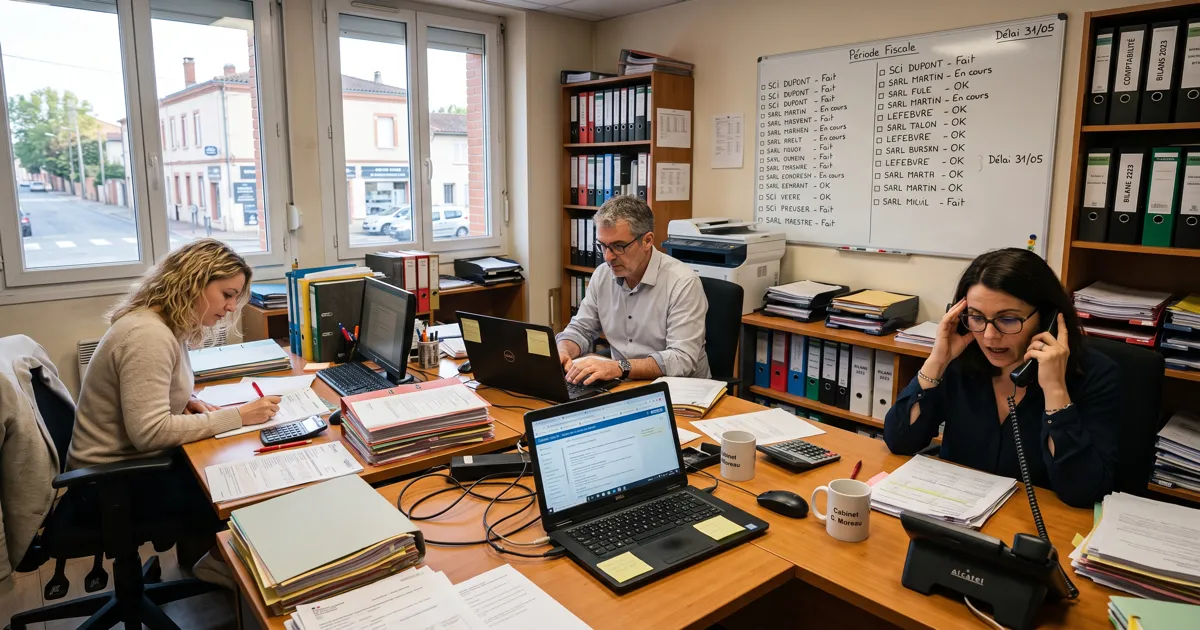 Collaborateurs d'un cabinet comptable en pleine période de liasse fiscale mai 2026 — téléphones qui sonnent, dossiers sur les bureaux
