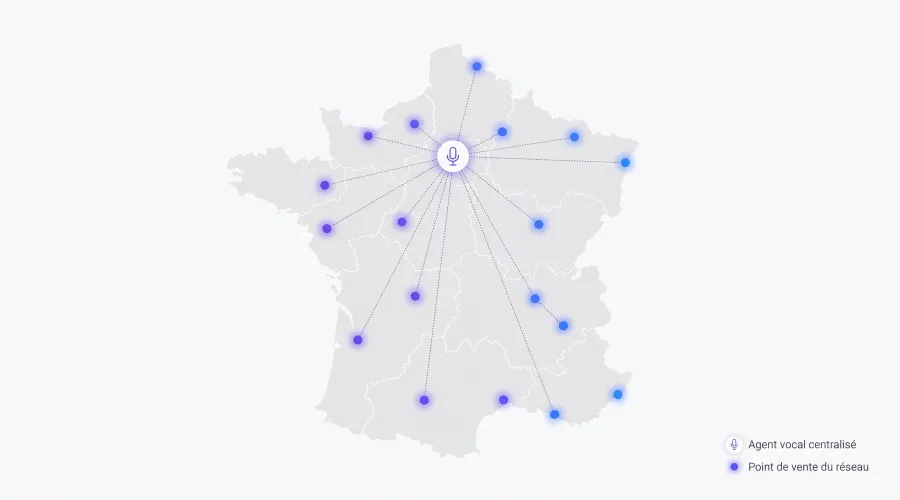 Carte France réseau de franchise — déploiement agent vocal IA sur points de vente multi-sites
