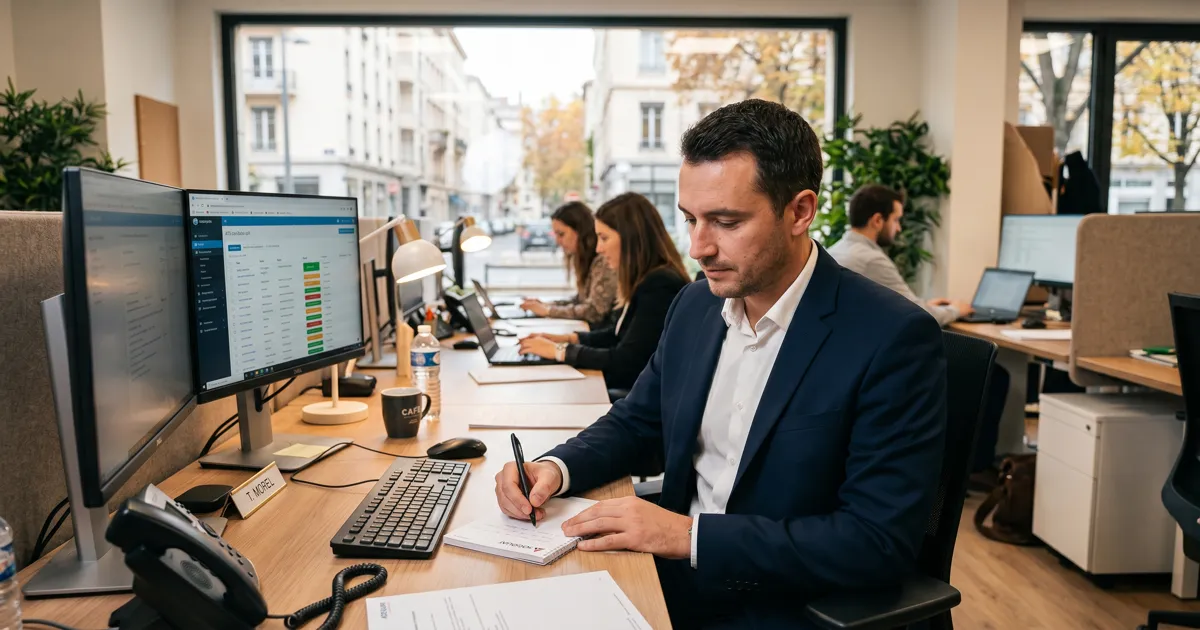 Conseiller en agence d'intérim à son bureau avec tableau de bord de candidats — agent vocal IA gère les appels entrants