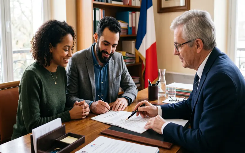 Couple en train de signer un acte notarial devant un notaire dans son étude