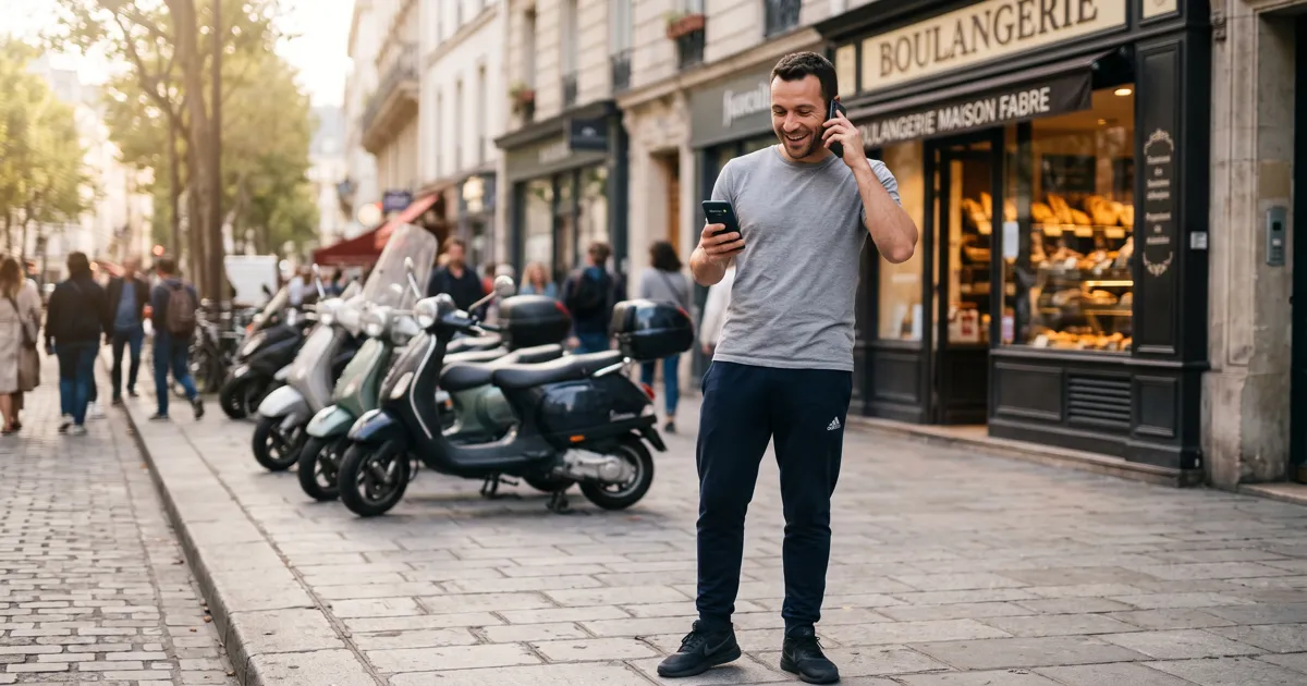 Membre de salle de sport recevant un appel de relance automatique sur son smartphone — agent vocal IA pour fidélisation abonnés