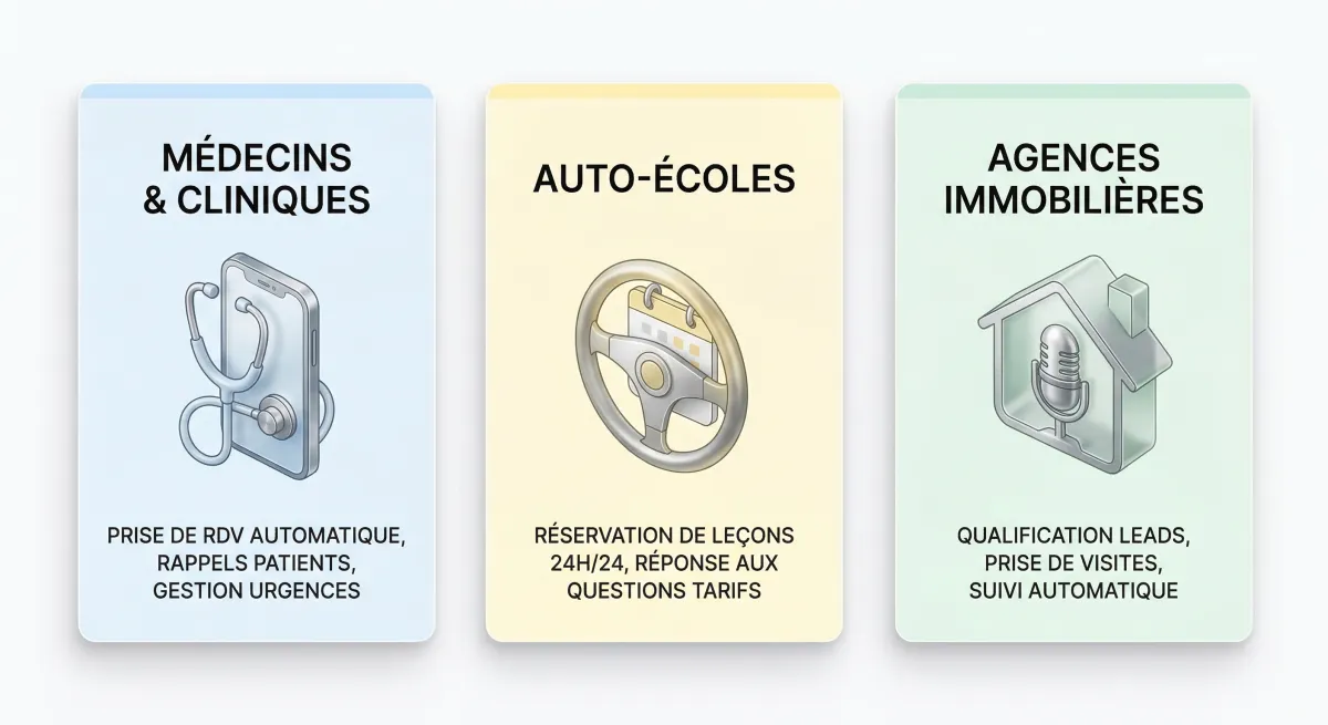Cas d'usage de l'agent vocal IA par secteur : médecins, auto-écoles, immobilier