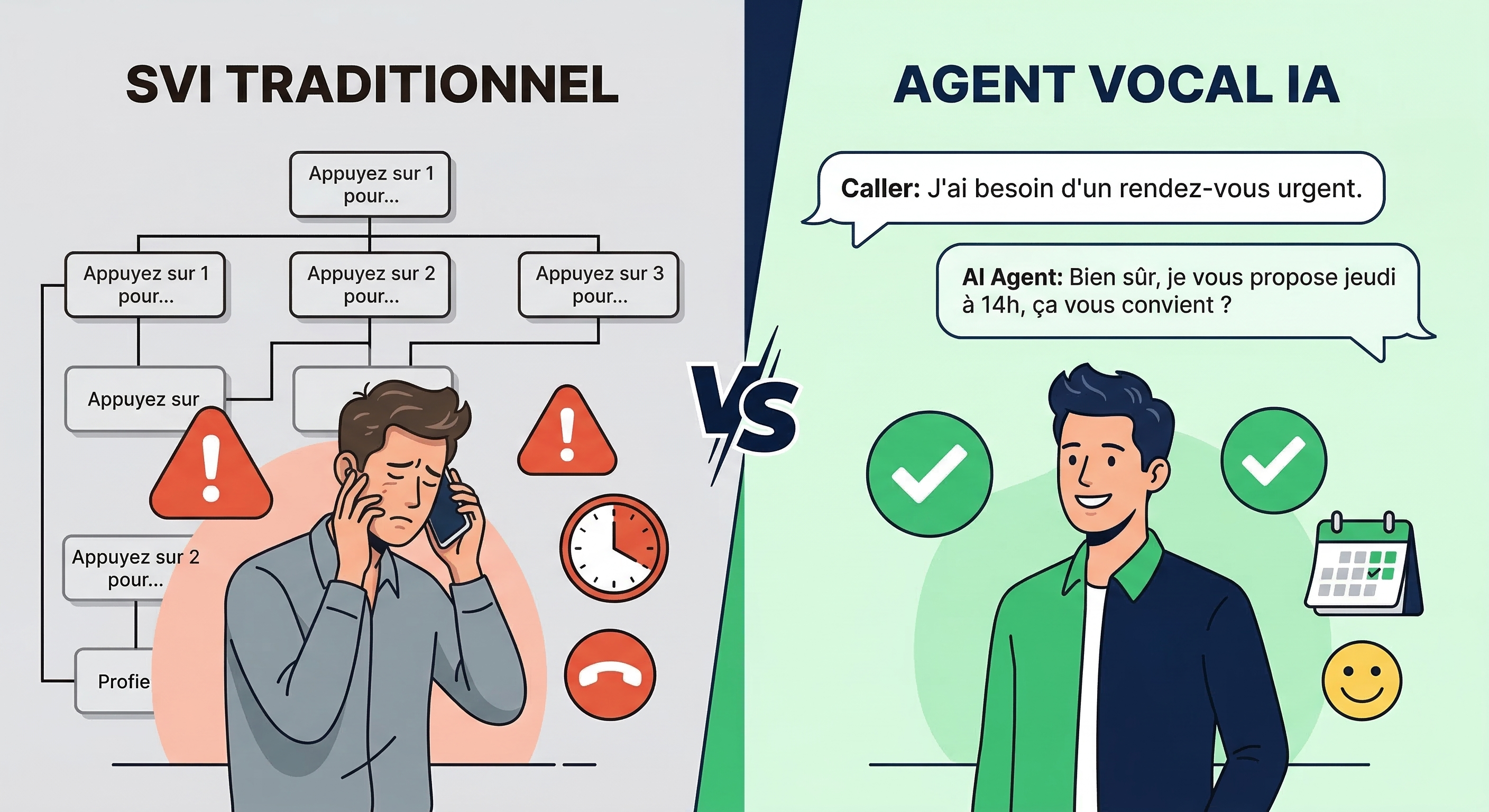 Comparaison agent vocal IA vs SVI traditionnel : conversation naturelle contre menus rigides