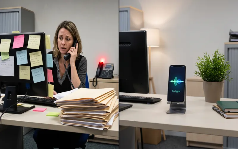 Comparaison côte à côte : secrétaire débordée avec pile de messages vs interface agent vocal IA calme et organisée — France 2026