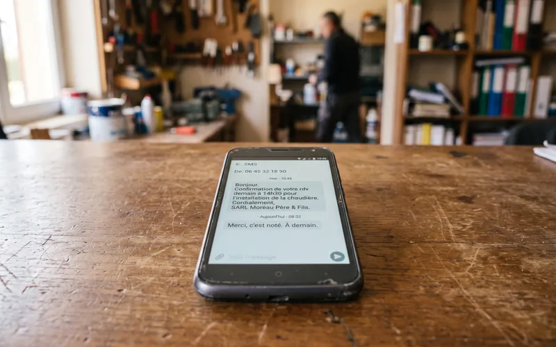 Smartphone affichant un SMS de confirmation de rendez-vous envoyé automatiquement après un appel sortant par agent vocal IA