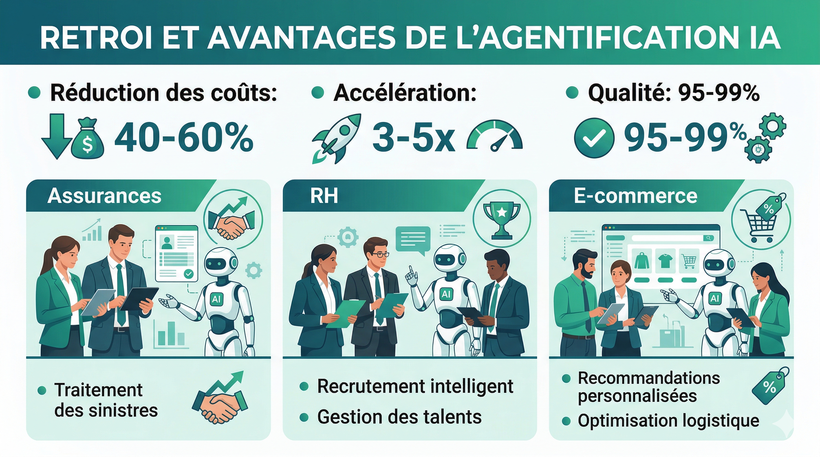 Infographie ROI agentification IA : réduction des coûts 40-60%, accélération 3-5x, qualité 95-99% dans assurances, RH et e-commerce