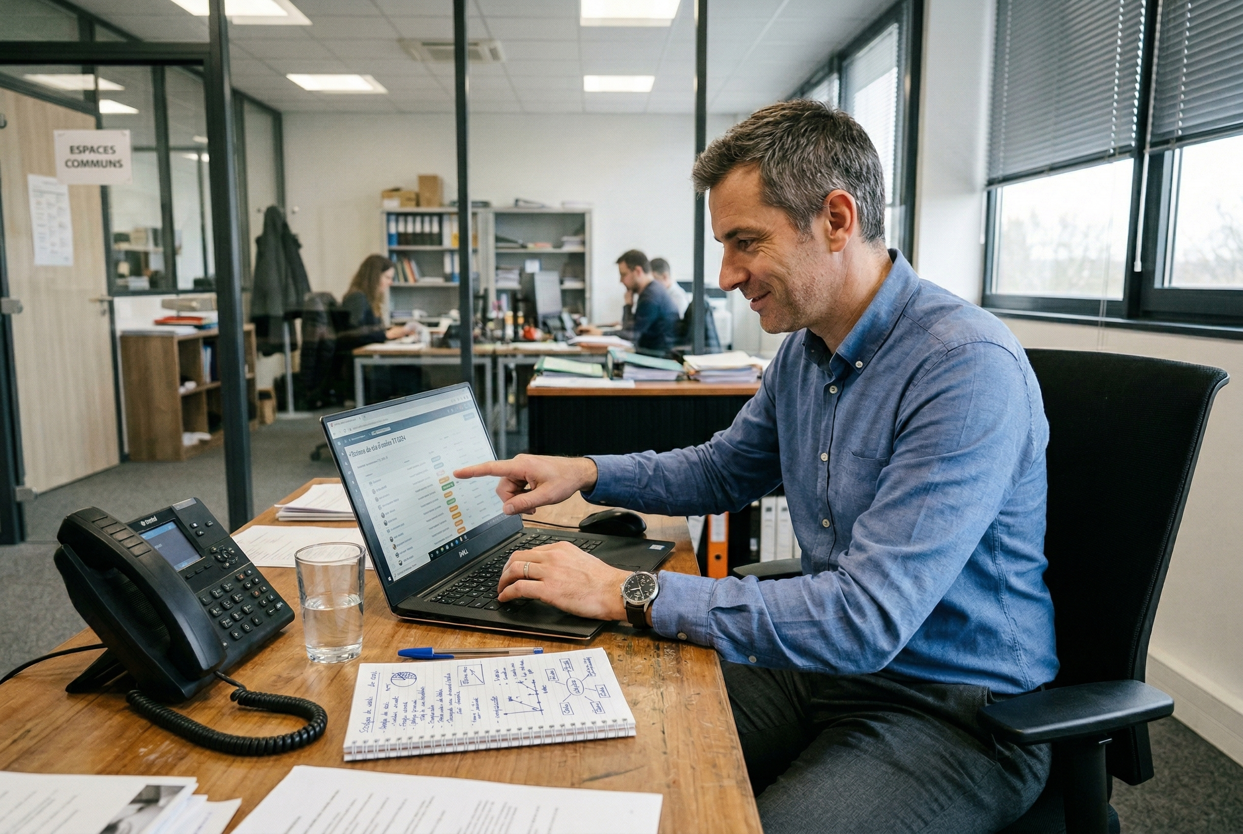 Commercial français analysant son CRM enrichi par agent IA — leads qualifiés et pipeline à jour en temps réel