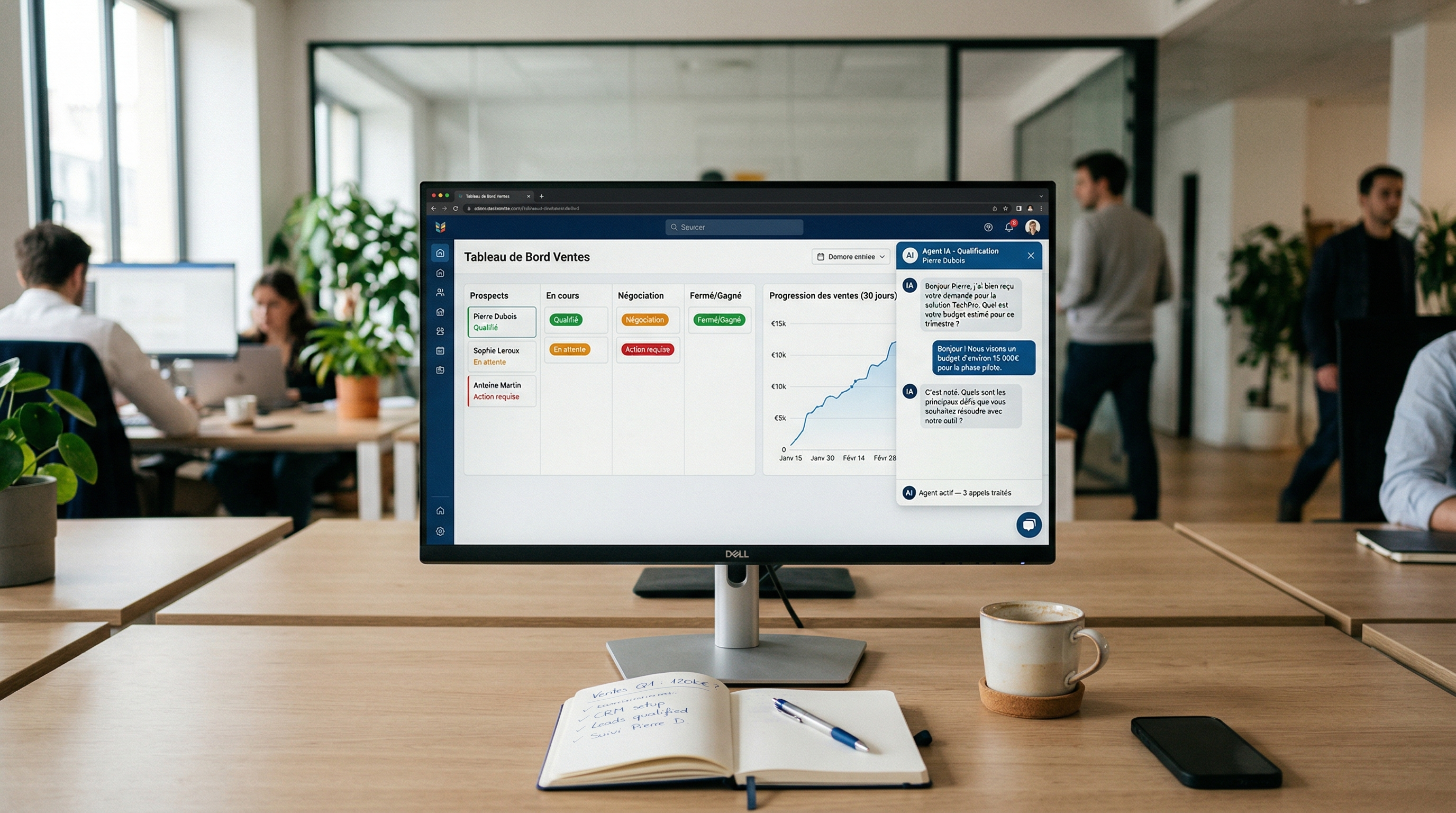 Dashboard CRM avec agent IA actif — interface de qualification leads automatisée pour PME française