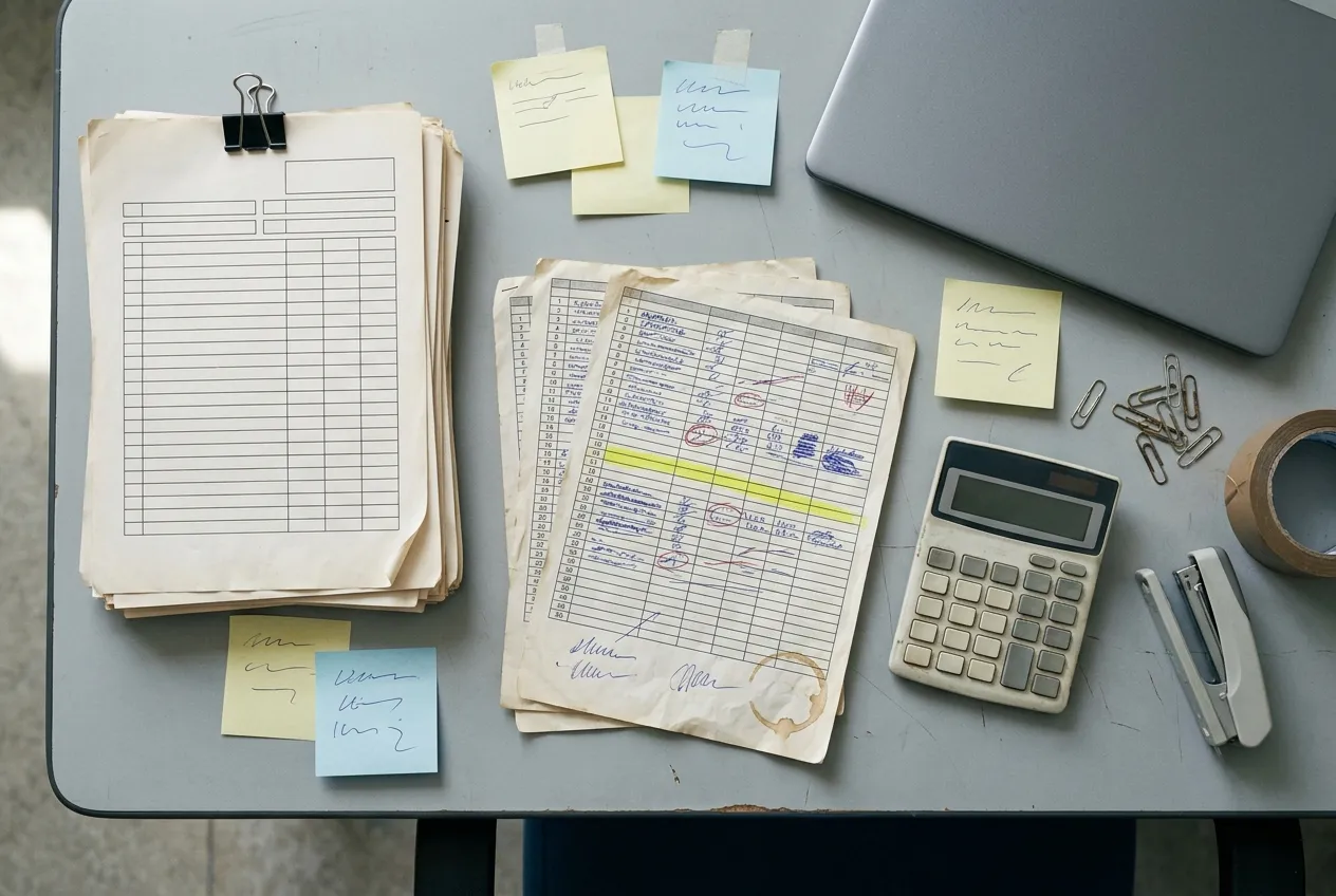 Pile de bons de commande papier et classeur d'impressions de tableur annotées au stylo sur un bureau de logistique