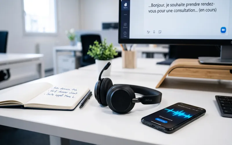 Interface de transcription automatique d'appel avec visualisation waveform — qualité voix et suivi en temps réel par l'agent vocal IA