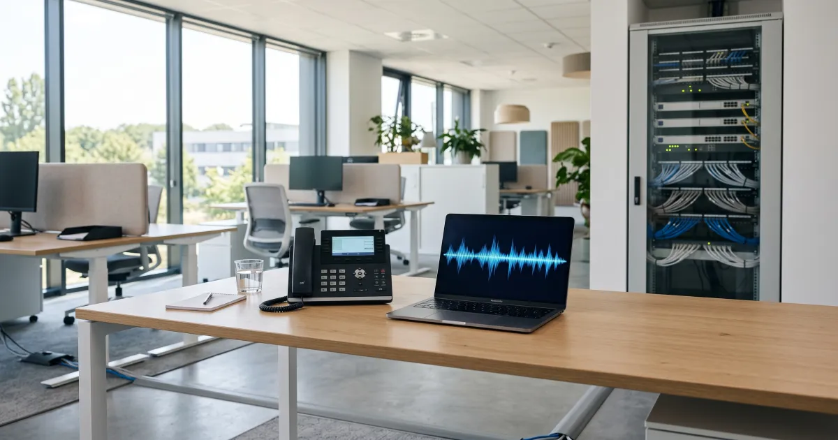 Bureau moderne de PME équipé d'une solution de téléphonie IA — interface de suivi d'appels sur ordinateur, téléphone IP connecté, infrastructure cloud en arrière-plan
