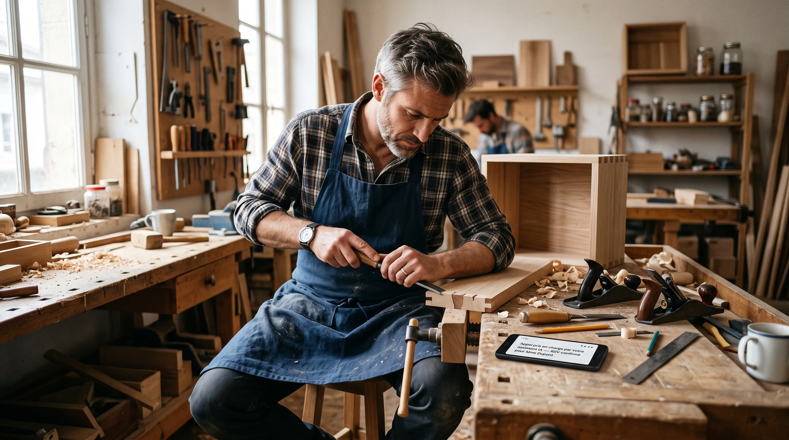 Artisan travaillant de ses mains pendant que son smartphone affiche une notification d'appel pris en charge par l'agent vocal IA