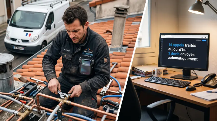Artisan plombier sur chantier pendant que l'IA vocale traite automatiquement les appels entrants au bureau