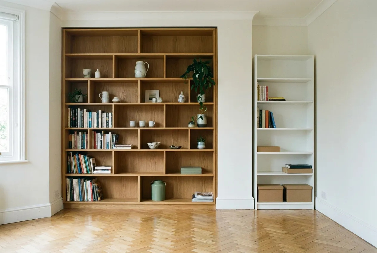 Alcôve d'un salon équipée d'une bibliothèque en chêne sur mesure parfaitement ajustée, à côté d'une étagère standard blanche qui laisse un vide le long du mur