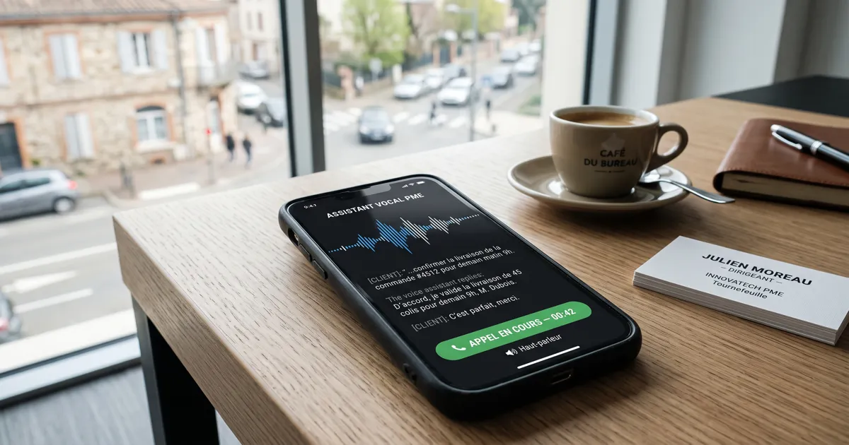 Smartphone affichant une interface d'agent vocal IA en cours d'appel sur un bureau de dirigeant PME