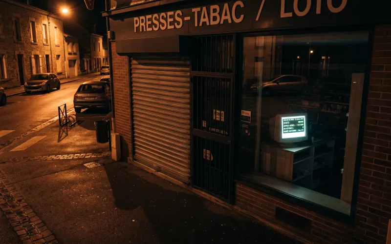 Vitrine de PME fermée la nuit — tableau de bord IA visible à l'intérieur montrant les appels gérés automatiquement