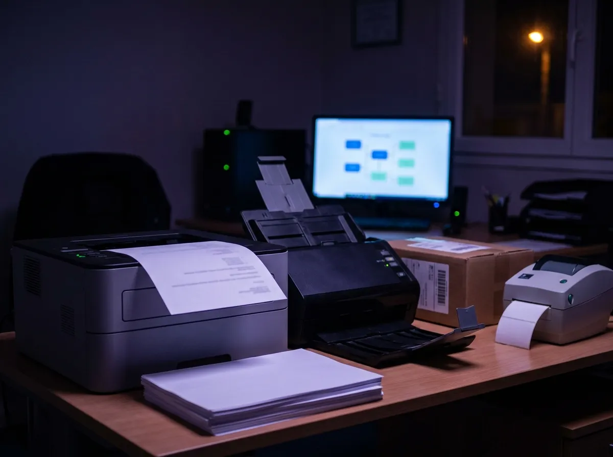 Back-office de nuit : une imprimante sort une facture, un scanner et une étiqueteuse tournent, un écran affiche un workflow automatisé