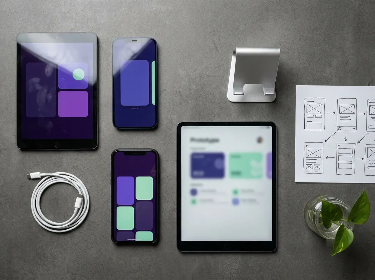Vue de dessus d'un banc de test : smartphones et tablettes affichant des maquettes d'application, support, câble et croquis de parcours utilisateur